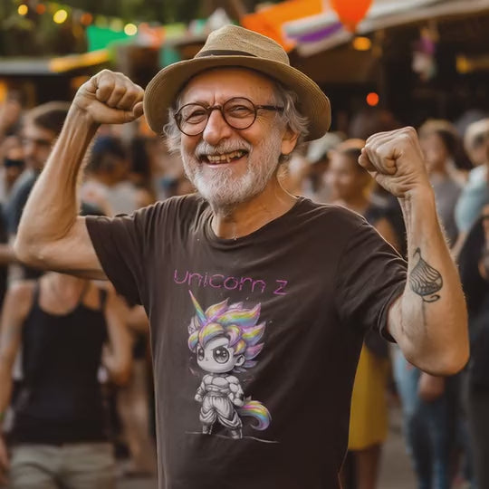 Unicorn Z T-Shirt: Mann mit Hut tanzt lachend und zeigt die Faust (Loop)